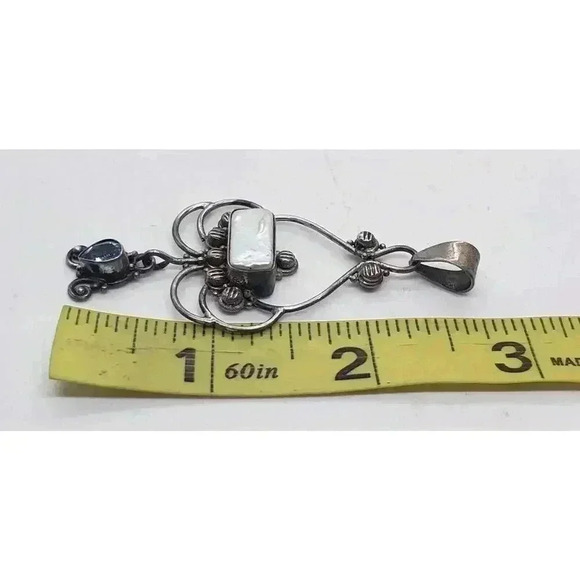 Vintage Pendant 925 Sterling Silver Genuine Pearl & Topaz Large Fancy - Picture 8 of 9